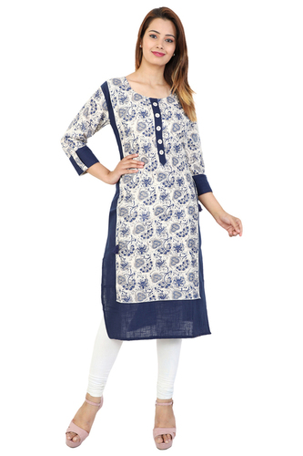 Blue Cotton Printed Straight Kurti