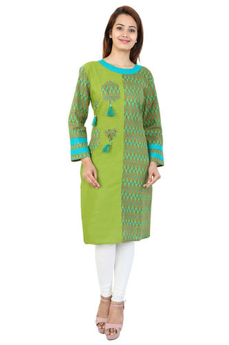Green Cotton Printed Straight Kurti