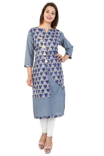 Grey Cotton Printed Straight Kurti