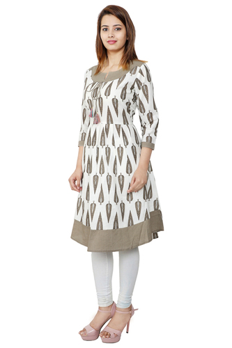 White Cotton Printed Straight Kurti