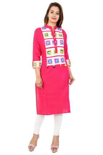 Pink Cotton Printed Straight Embroidery Kurti