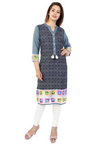Black Cotton Printed Straight Embroidery Kurti