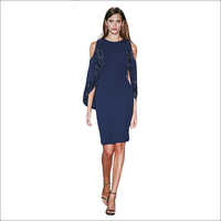 Ladies Designer Dress - Polyester, Knee Length, Navy | Cold Shoulder, Round Neck, Solid Pattern, Ideal For Parties