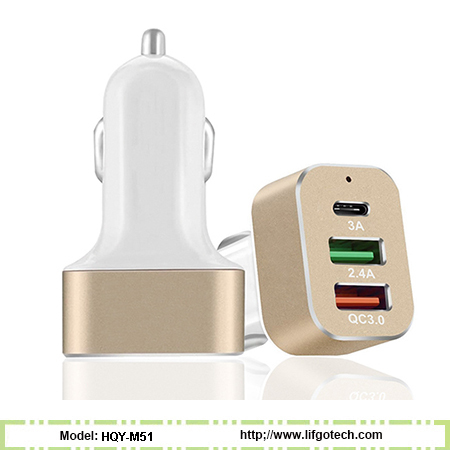 QC3.0 Type-C Dual USB Output Fast Car Charger
