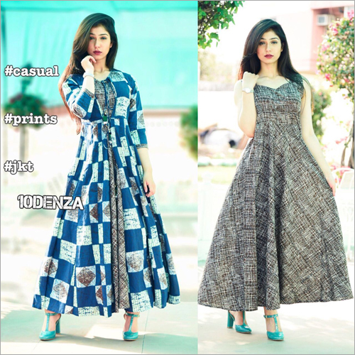 Full Flair Cotton Printed Jacket Kurti With Long Inner With Tassel
