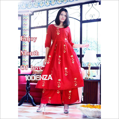 Cotton Gold Block Print Kurti With Plazo