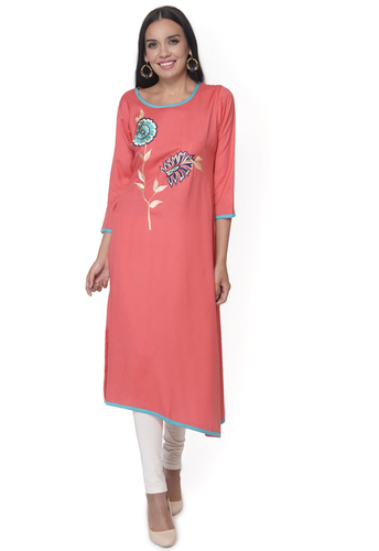 Peach Embroidered Rayon Kurti Length: 48 Inch (In)