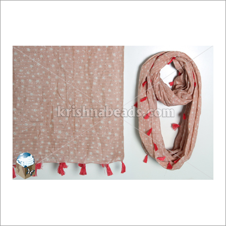 Peach Cotton Polly Loop Scarf With Fringes