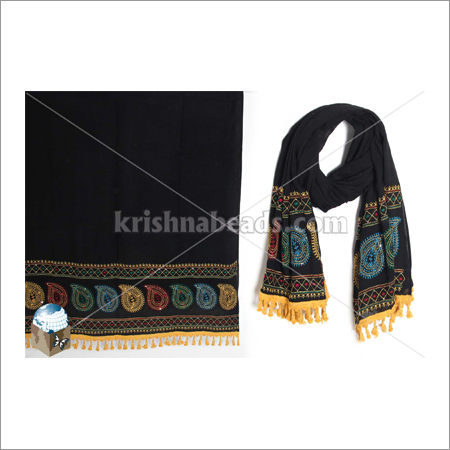 Black Embroidered Scarf With Fringes