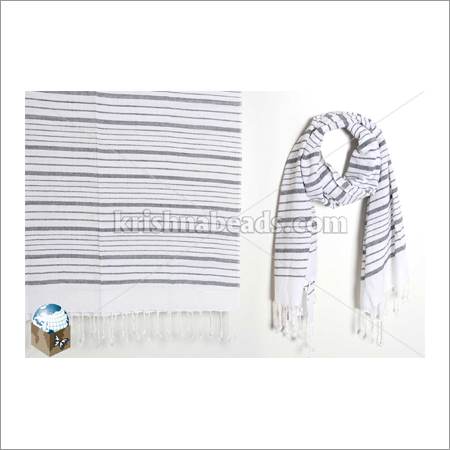 White/Blue Viscose Printed Striped Shawl