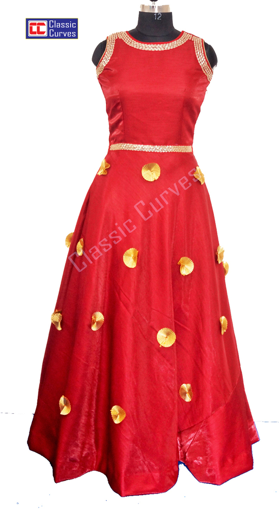 Ladies Designer Round Neck Long Dress - Silk Material Floor Length Size Maroon Color | Full Sleeves Ethnic Indian Style Lace Decoration All-Season Wear Ideal for Parties and Festivals