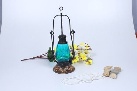 Glass Wooden And Iron Electronic Lalten Blue