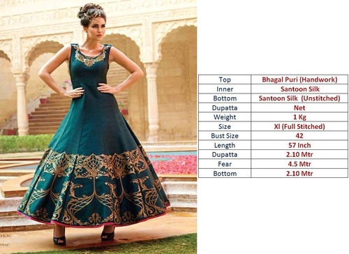 Designer Green Gown - Santoon Silk Inner, Bhogali Pat Handmade Top, 57 Inches Length, 36 Inches Bust, 2.25 Mts Bottom & Dupatta | Elegant Design, Perfect Fit, Comfortable Wear, Stunning Look