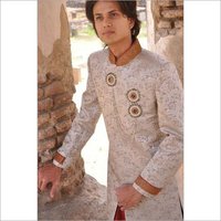 Embroidered Sherwani - Jacquard Silk, Size S, White And Red Color | Handwork With Beads, Laces, And Stones, Long Sleeve Design