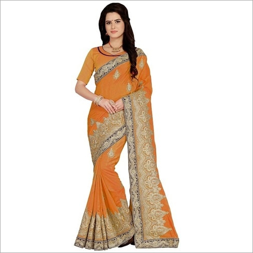 Art silk Embroiered yellow color Saree