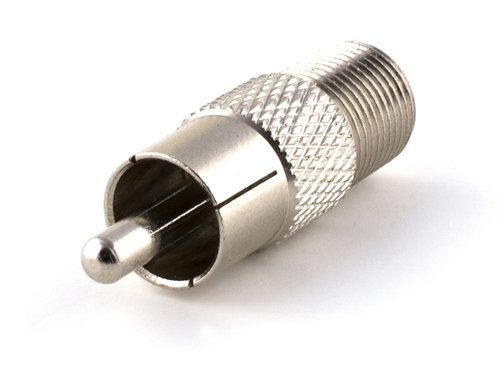 Brass RCA Male to F Female Adaptor - Brass Material, Silver Color | Compact Design for Seamless Audio and Video Connections