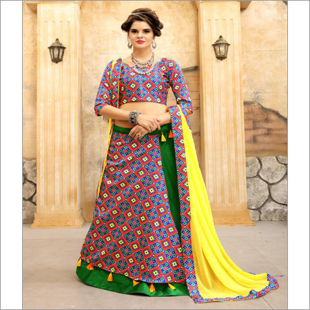 Multi Ladies Green And Blue Ikat Chaniya Choli With Tassel