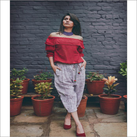 Red Ladies Khadi Designer Western Top Bottom Set