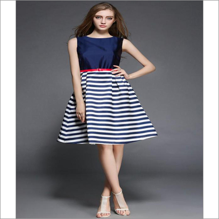 Exclusive Stylish Western Dresses for Women - Taffeta Silk, 37 Inch Length, Navy Blue & White, Casual Wear, Sleeveless Design