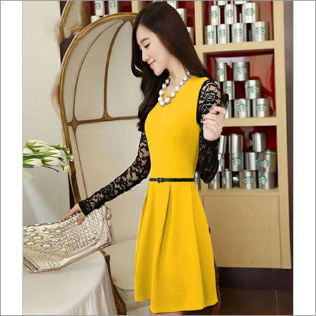 Ladies Designer Exclusive Western Dress - Heavy American Crepe, 37 Inch Length, Yellow Color, Full Sleeves, Creative Floral Prints