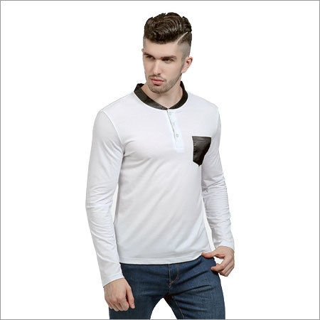 Mens Collar Hip-Hop T-Shirt - Cotton Blend, S-XXL, White | Mandarin Collar, Pocket, Soft Fabric, Comfortable Fit