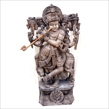 Wooden Krishna With Cow Statue