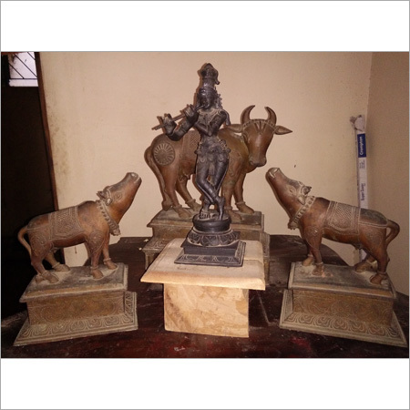 Metal Krishna with Cow (Antique) Statue