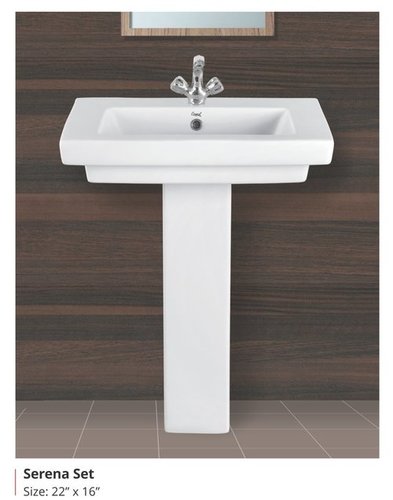 Serena Set - Ceramic Pedestal Sink, 22x16 Inches, Polished White Finish - Round Two-Piece Structure