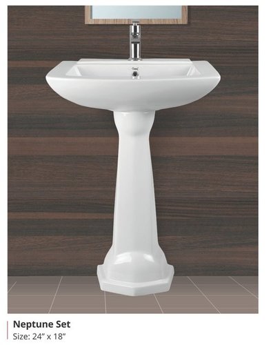 Neptune Set - Ceramic Pedestal Sink, 24x8 Inches | Wall Mounted, Polished White Finish, Two-Piece Structure