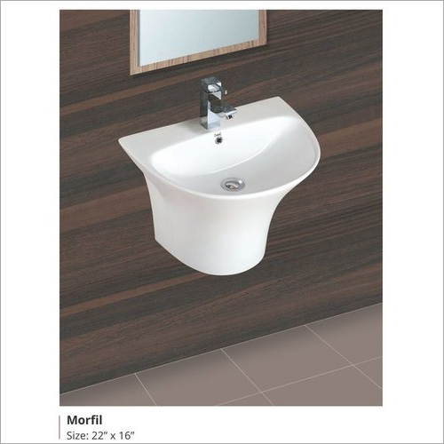 Morfil Hang Wash Basin - Ceramic, 22x16 Inches, White | Round Shape, Wall Mounted, Polished Finish, Two Piece Design