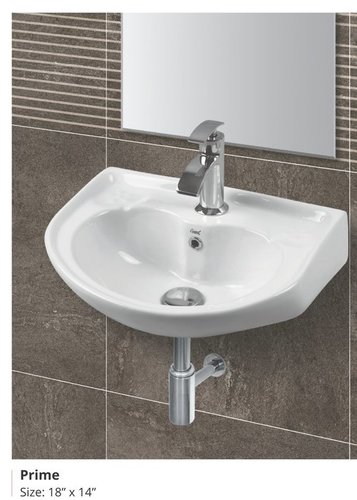 Prime Wash Basin - Ceramic, 18x14 Inches , Wall Mounted Round Design in Polished White Finish