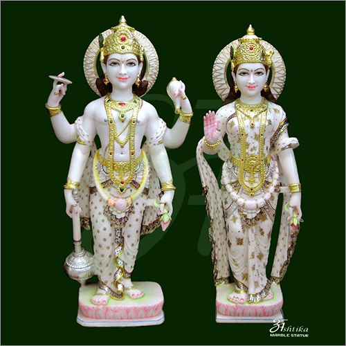 Marble Laxmi Narayan Statue - 24 Inches Marble, Off-white | Hand-carved, Intricate Details, Polished Finish