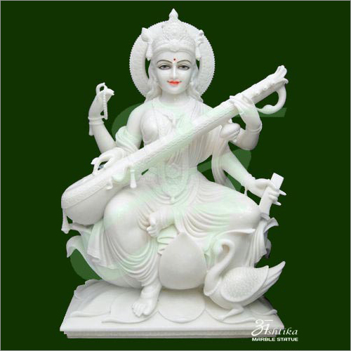 Marble Saraswati Statue - 24 Inch White Marble, Polished Finish | Intricate Details, Elegant Design, Spiritual Significance