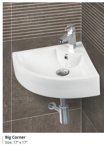 Ceramic Wall Mounted Big Corner - 17x17 Inch Round, Polished White Two-Piece Design