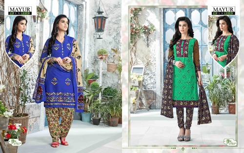 Mayur Unstitched Dress Material - Cotton, Full Sleeve, Green and Blue Printed | Quick Dry, Washable, Formal Ethnic Style with Lace Decorations
