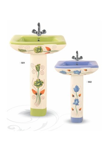 Spenta Wash Basin Pedestal - Ceramic, 25x14 Inches, Round Shape | Polished Green, Cream Finish, Two-Piece Structure