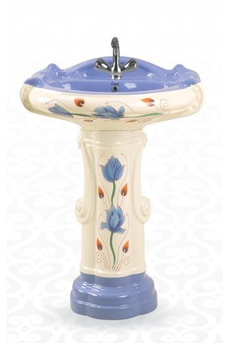 Big Sterling Wash Basin Pedestal - Ceramic, 25x12 Inches, White and Blue | Round Shape, Polished Finish, Two-Piece Design