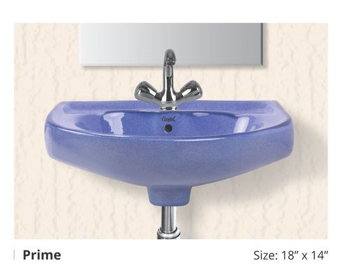 Ceramic Wash Basin - 18x14 Inches, Blue Color | Wall Mounted, Round Shape, Polished Finish, One-Piece Design