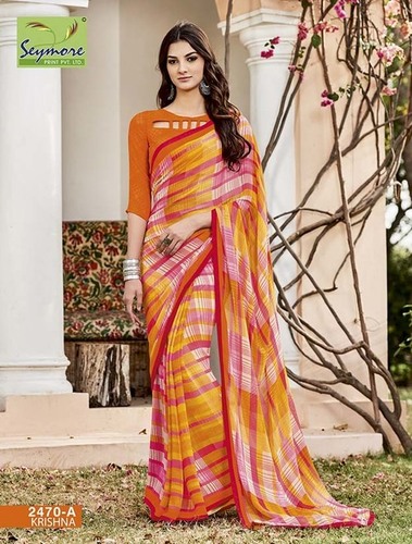 Designer Saree - Georgette Brocade, Orange Printed Bollywood Style | Comfortable Wear, Elegant Appearance, Fascinating Designs