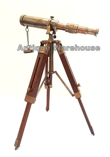 Antique Brass Marine Telescope - 9-Inch with Tripod, Solid Brass & Wood, Antique Finish, 12-15 Inch Adjustable Height