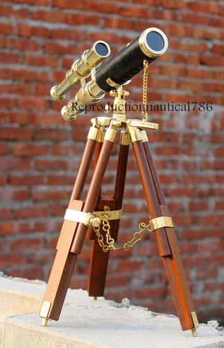 Black Leather Brass marine Ship Telescope With Stand