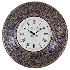 Mosaic Wall Clock - Gems & Stones, Round Shape | White & Multi-Color, Polished Surface, 1-Year Warranty, Legible Dials
