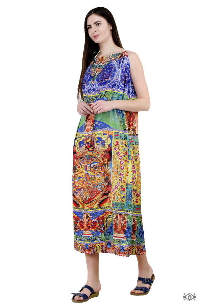 Digital Printed Embellished Long Drawstring Dress