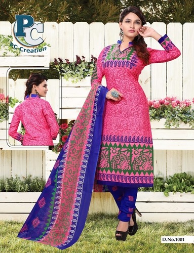Pink and Blue printed dress material Shofiya