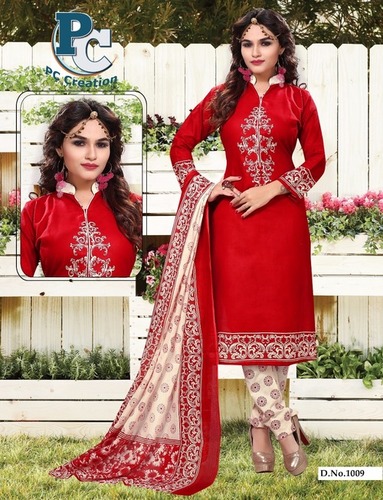 Red printed shofiya dress material