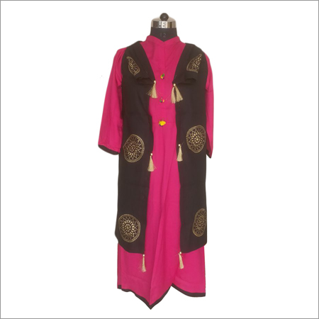 Ladies Gold Print Pink Kurti With Black Long Jacket Ladies Gold Print Pink Kurti With Black Long Jacket