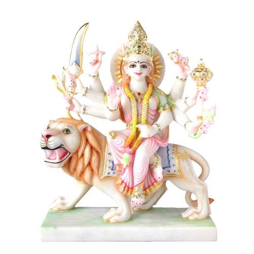 Marble Durga Idol - Multi Color, 10-15 Inch Size | Hand-Painted, Polished Marble, Ideal for Temple Theme, Home and Outdoor Decoration