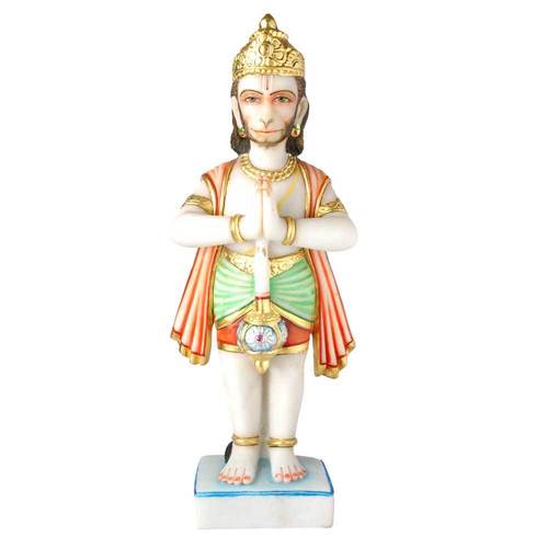 Marble Hanuman Idol - 10-15 Inch White Green Yellow Finish | Painted Polished for Religious Ceremonies and Home Decor