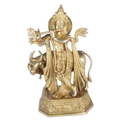 Golden Brass Krishna With Cow Idol