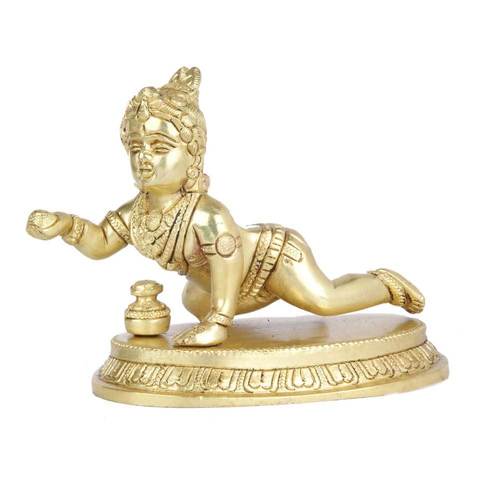 Brass Laddu Gopal Idol - Polished Golden Finish Modern Indian Temple Art Style Made from High-Quality Metal